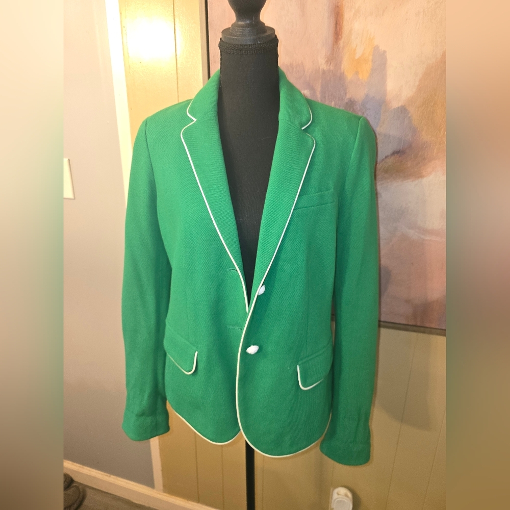 Green Blazer with White Piping -women Classic Sport Coat